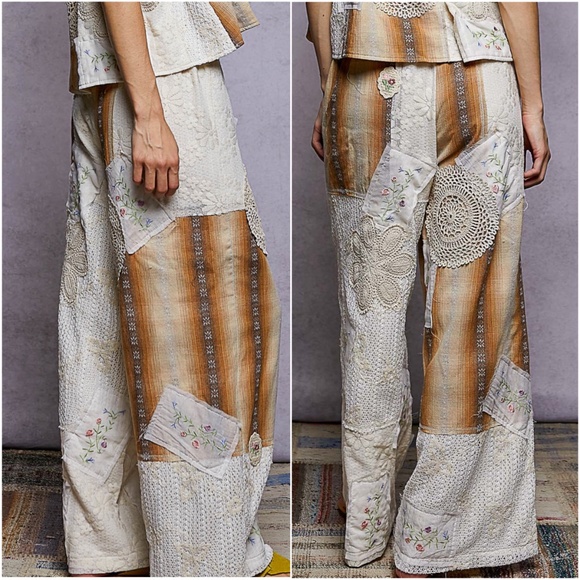 POL Floral Crochet Embroidered Color Block Stretchy Drawstring Waist Pants - Picture 2 of 3